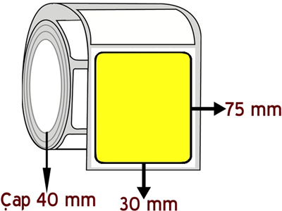 Sarı Renkli 30 mm x 75 mm ÇAP 40 mm Barkod Etiketi ( 10 Rulodur )